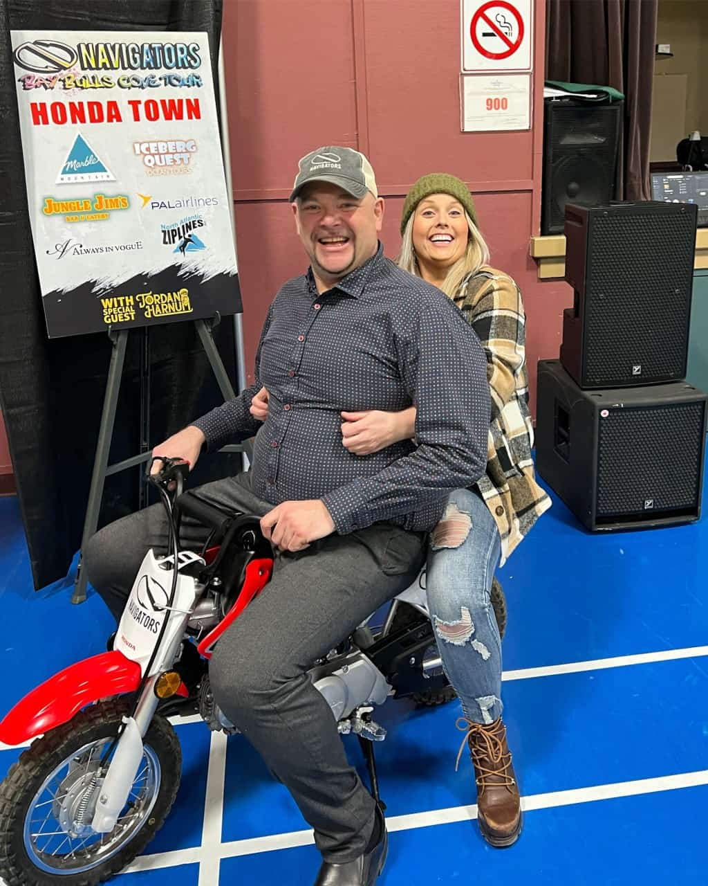 Photo op with The Navigators recording artist Arthur O’Brien on his Honda 50 - Local music icon and friend Arthur O’Brien posed for a photo with me on his “Little Honda 50” at the Bay Bulls concert venue in Newfoundland and Labrador, Canada.